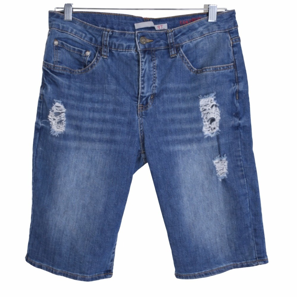 !iT Jeans Long Rider Bermuda Shorts Womens 8 Blue Distressed Denim Good - Picture 2 of 9